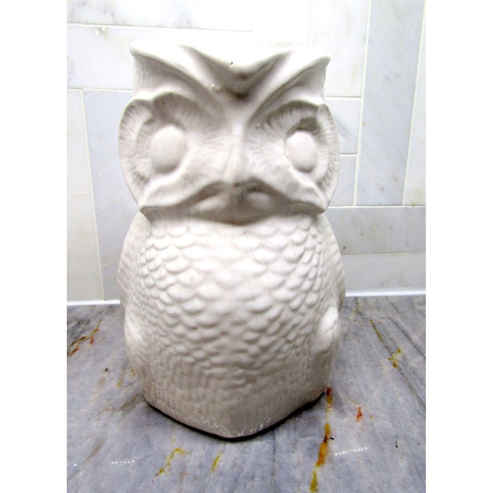 Large White OWL Pitcher Vintage Mid Century USA 370 Art Pottery 8.5" Cottage